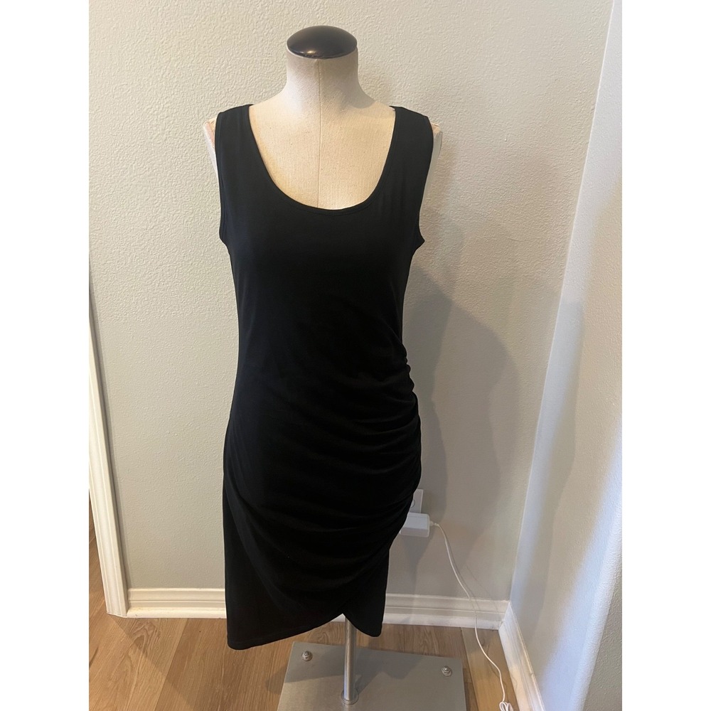 Ecavus Black Ruched Sleeveless Midi Dress Women's Medium Stretch Bodycon Casual